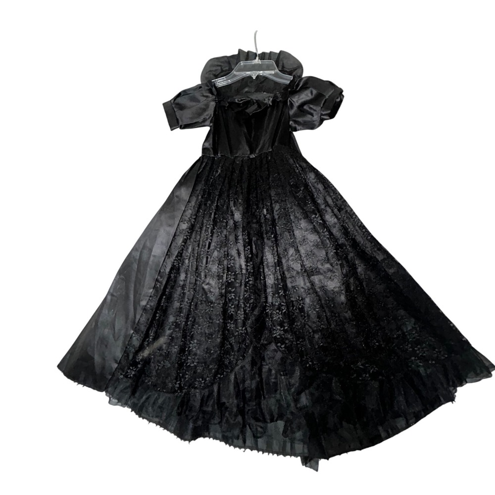 Girls Black Satin & Lace Party Dress Special Occasion Costume Halloween Witch